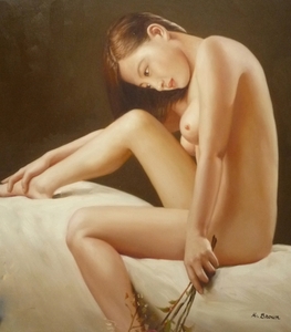 肉筆絵画 油絵 油彩画 洋画 木枠付 (油絵額縁付きで納品対応可) F10号 「小枝を持つ裸婦」