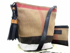 1円 ■新品同様■ BURBERRY バーバリー キャンバス×レザー チェック柄 ポーチ付き タッセル ショルダーバッグ ブラウン系 AR7485