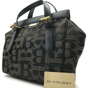 激レア●バーバリー BURBERRY ハンドバッグ トートバッグ モノグラム 内側ホースロゴ レザー キャンバス ブラック×ブラウン レディース