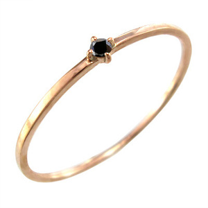 指輪 10kピンクゴールド 細い 指輪 1粒 石 ブラックダイヤモンド(黒ダイヤ) 4月誕生石 幅約1mmリング 極細