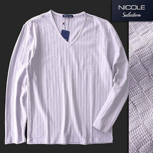 新品 ニコル 市松模様 Vネック 長袖 カットソー 50(XL) 薄紫 【I49493】 NICOLE Selection 春夏 メンズ Tシャツ ロンT サマー チェック