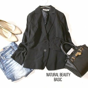 美品 NATURAL BEAUTY BASIC ナチュラルビューティーベーシック 綺麗め スーツ生地 テーラードジャケット M 春 夏 24D03