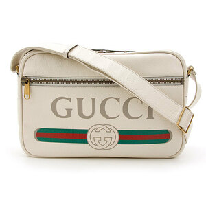 中古美品 グッチ メッセンジャーバッグ ロゴプリント レザー 523589 ホワイト系 GUCCI ヴィンテージ ショルダーバッグ イタリア製