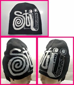 送料無料【新品】ステューシー・ビーニー帽　ブラック　フリーサイズ　STUSSY「STU」ロゴ編込み変形フォントがカッコいい！　ニット帽子