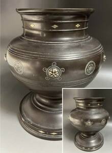 時代物鋳銅製金銀象嵌入「累座紋桜彫」香炉 古銅 銅器 火鉢