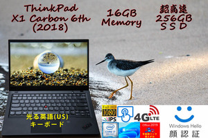 ThinkPad X1 Carbon Gen6 2018 i7-8550U 16GB,超高速 256GB SSD,タッチfHD,LTE IR 顔 指紋 BT,未使用 英語KB,日米対応 Office2019とWin11