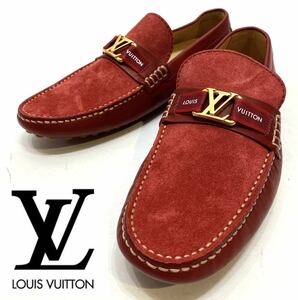 未使用 LOUIS VUITTON ホッケンハイム LV テープロゴ ドライビングシューズ ルイヴィトンLOGO モカシンshoes ローファー デッキ 赤6 1/2