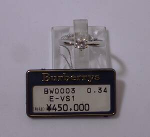 ★本物保証★定価450,000円★店頭展示品・新品★BURBERRY バーバリー ダイヤ 0.34ct E/VS1/GOOD 12号 リング Pt 900指輪 【鑑定書付】