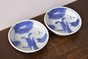 R-051997　江戸期　古伊万里　染付仙人図　なます皿2枚セット(中皿、和食器)(R-051997)