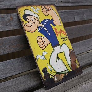 【ブリキ看板】ポパイ Popeye ガッツポーズ カモメ ガレージ レトロ風 インテリア 店舗 カフェ BAR 壁飾り 20cm×30㎝（送料無料！）