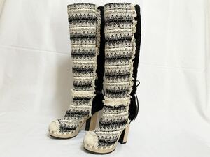 希少 超美品 シャネル CHANEL ココマーク CC シルバー金具 ツイード ラパン ハーフ レザー ロング ブーツ ハイ ヒール 35 1/2 22～22.5㎝