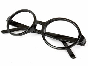 子供男女兼用 丸型伊達メガネ レンズなし 収納ケース付き 光沢ブラック ZA-19961