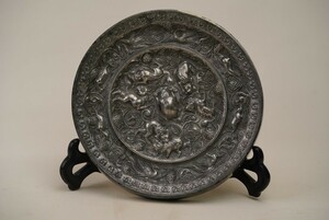 【積古】中国古美術 古鏡 銅鏡 唐時代 海獣葡萄鏡 青銅鏡 白光鏡 古玩 骨董 時代物 当時物 唐物