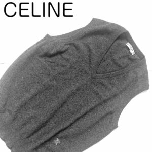 【送料無料】celine セリーヌ　カシミア100% ニット　ベスト　セーター　ロゴ刺繍　グレー　42 ノースリーブ　ジレ　トリオンフ　マカダム