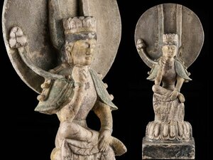【流】仏教美術 時代 彩色石仏 半架像 高47.5cm 台付 TS258