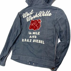 美品 春物◇DIESEL フーデッドジャケット ブルドッグ サガラワッペン/チェーンステッチ刺繍入 ディーゼル メンズ ブルゾン 1円スタート