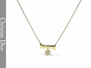 【クリスチャン ディオール】K18YG/750 リボンデザイン 4P ダイヤモンド ネックレス 40cm 0.10ct 3.8g BJ40