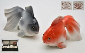 竜B582◆レア！1940年代頃 マルキ印 オールドノリタケ 日本陶器会社 ボーンチャイナ 金魚 赤 黒 2点 置物 飾物 オブジェ アンティーク