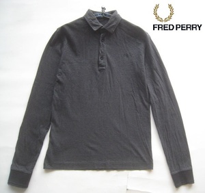 高級ポルトガル製!!フレッドペリー FRED PERRY*リーフロゴ刺繍 ボーダー柄長袖ポロシャツ XS グレー×黒