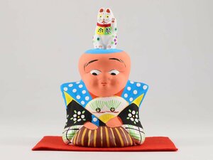 中湯川土人形 招き猫乗せ福助 左手上げ 郷土玩具 福島県 民芸 伝統工芸 風俗人形 置物