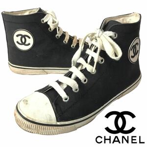 h281 CHANEL シャネル ココマーク ハイカット スニーカー シューズ キャンバス ブラック 37 ヴィンテーレディース 正規品