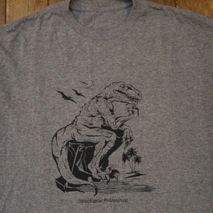 velociraptor philosophus 考える人 Tシャツ グレー ヴェロキラプトル 恐竜 イラスト パロディ キャラクター ジュラシックパーク USA古着