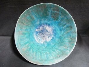 A5669 ペルシャ古陶 青釉 トルコブルー 銀化肌 鉢 ワレ修復品 12-13世紀頃