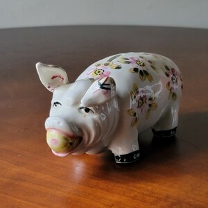 陶器 豚の貯金箱 ピギーバンク オブジェ 置物 ヴィンテージ 店舗什器 ディスプレイ 縁起物 豚 貯金箱 フラワーペイント