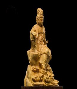 自在観音菩薩 仏像 ツゲの木彫り天然木 職人手作り 工芸品