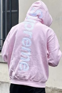 1円　シュプリーム supreme 2023AW Satin Applique Hooded Sweatshirt サテンアップリケスウェット パーカー ピンク pink L box logp