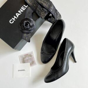 2325　CHANEL　シャネル　ハイヒール　黒　レザー　箱付　カメリア　リボン付き　ブラック　パンプス　ラウンドトゥ　23.5センチ　36.5