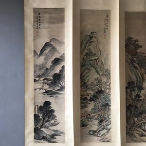  珍品 旧蔵 清代 中国古画 【 呉石仙 立軸 山水四条屏】純手繪 （紙に手書き）国画掛け軸 中国古美術 時代物 s6w30