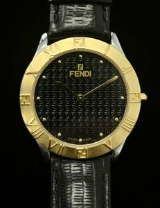 時計 FENDI 025-2000G-949 黒文字盤 クォーツ メンズ腕時計 ベルト純正 非稼働品 アンティーク フェンディ ズッカ柄 0008d