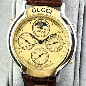 【1円〜】GUCCI グッチ 腕時計 メンズ 8300 ムーンフェイス トリプルカレンダー ゴールド文字盤 ラウンドフェイス デイト 可動品