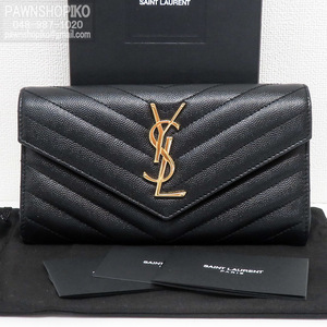 サンローラン SAINT LAURENT モノグラム ラージフラップウォレット／二つ折り長財布 372264 レザー ブラック 良品 [質イコー]