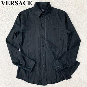 極美品 L相当 リネン ● VERSACE ヴェルサーチ 長袖シャツ L相当 ● メンズ ● 黒 ブラック メンズ ロゴ リネン 麻 春 夏