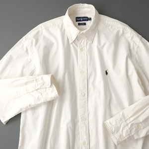 90s ラルフローレン コットンツイルシャツ ボタンダウン ポニー刺繍 ホワイト(XL)