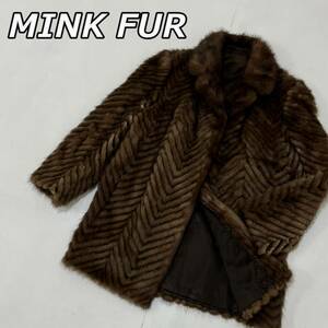 【MINK FUR】ミンクファー 本毛皮 ヘリンボーン柄 ノッチドラペル ハーフコート ジャケット 茶 ブラウン