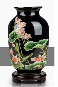 景徳鎮製　磁器　花瓶 蓮の花　蓮の葉　蓮　烏金釉　置物　装飾　古美術　インテリア　台座付き　生花　zh53
