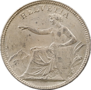 T129★ スイス/ 1855年/ 5フラン Francs/ 直径約36.39mm 重量約22.3g