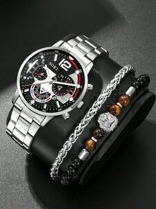 腕時計 メンズ セット メンズ腕時計 カレンダー ステンレス鋼帯 メンズファッション 1本 & ビーズブレスレット 2本セット