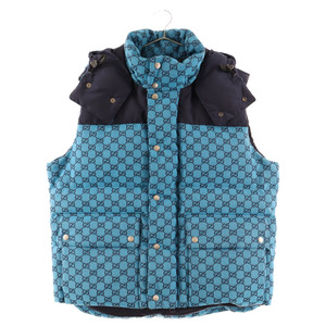 GUCCI グッチ GG CANVAS DOWN GILET GGロゴ総柄 ダウンベスト フーディー ブルー 770209