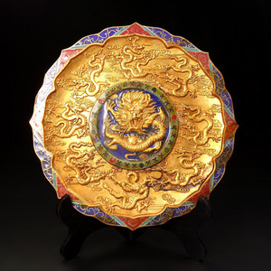 ▽鴻▽ 銅製 塗金 九龍紋 茶盤 置物 古賞物 中国古玩 中国古美術