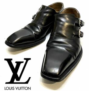LOUIS VUITTON MENS ダブルモンクストラップ レザーシューズ ルイヴィトン 革靴 ドレスshoes ビジネス ブラック 7 イタリア製 26cm