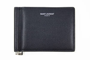 極上美品 SAINT LAURENT PARIS サンローラン 11.5×9 マネークリップ 二つ折り ネイビー レザー 財布 ブランド 高見え 薄型 高級 USED品