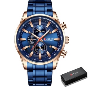 新品!CURREN メンズ 腕時計 高品質 クオーツ ウォッチ クロノグラフ 防水 時計 ブルー × ローズゴールド