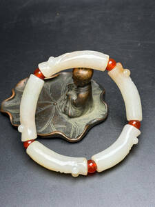 ▽鴻▽ 和田玉製 細密彫 一鳴驚人手串 置物 古賞物 中国古玩 中国古美術