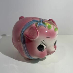 当時物 昭和レトロ ブタ 豚 ぶた ピギー バンク 子豚 貯金箱 ピンク 花 アンティーク コレクション 置物 縁起物 陶器製