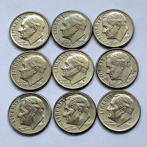 【希少品セール】アメリカ 10セント硬貨 ミントマークD 1990年〜1992年 1994年〜1997年 1999年〜2000年 年号違い 各1枚ずつ 9枚まとめて