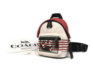 17779 新品同様 極美品 COACH コーチ ディズニー×キースへリング コラボ スモールウェスト ミッキー レザー ボディバッグ 鞄 アイボリー